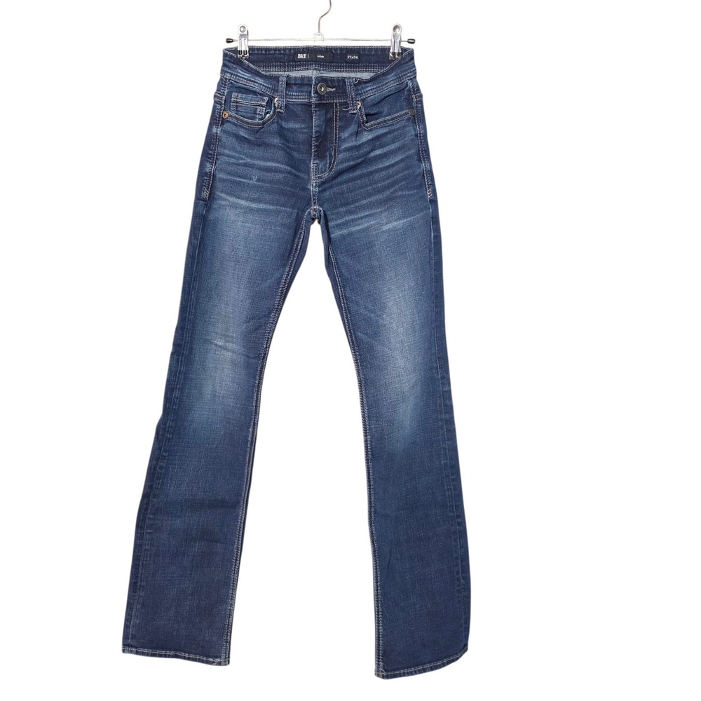 BKE Mens 27x34 Aiden Slim Bootcut Jeans Dark Wash Whisker Faded Stretch Denim